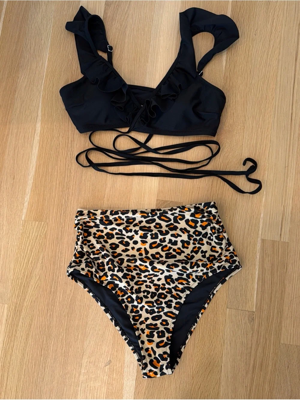 Cupshe Black Ruffle Bikini Top with Leopard High-Waist Bottom